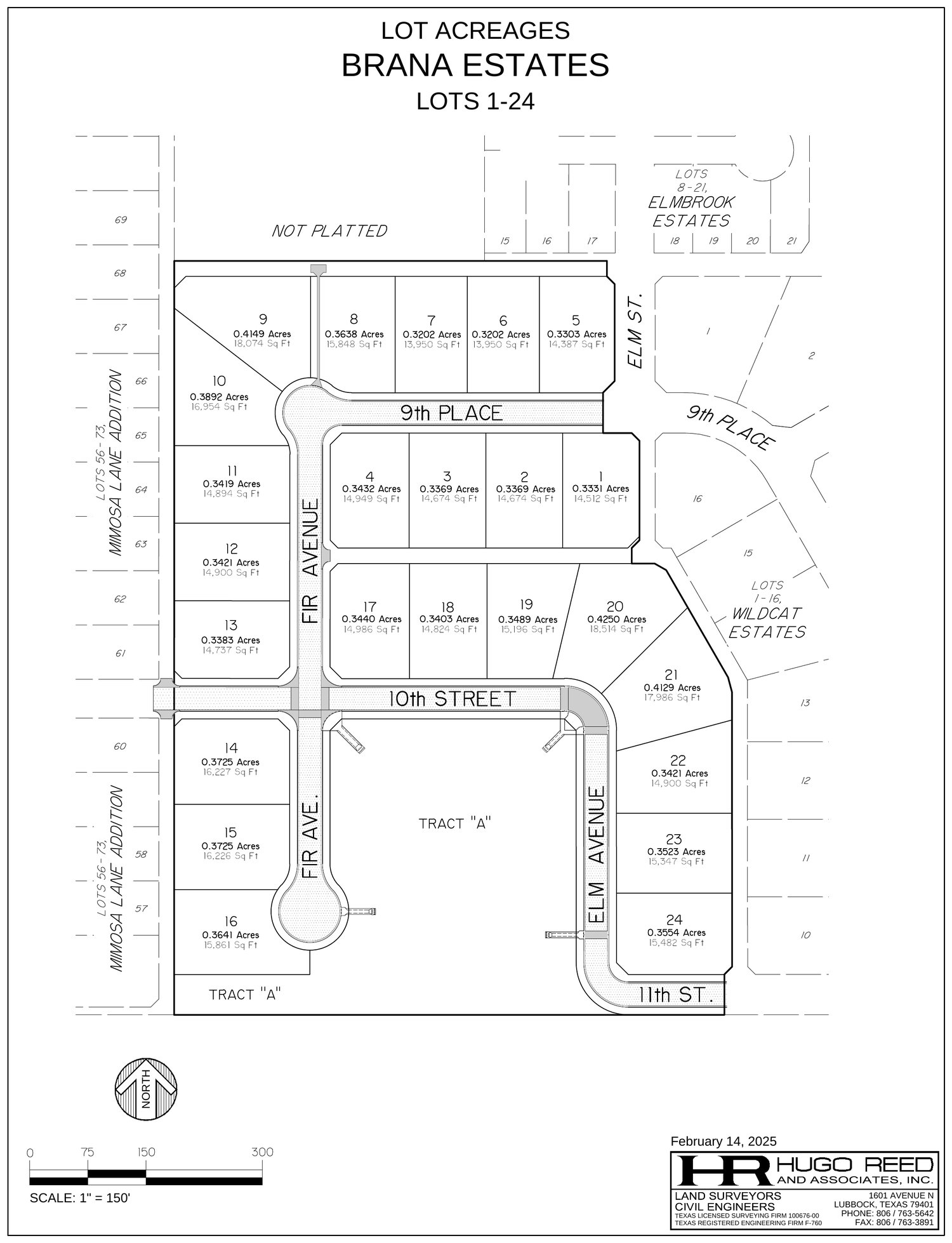 Complete survey plat of Brana Estates by Hugo Reed and Associates, February 2025, showing lots 1 through 24 with acreages, north arrow, scale, and surveyor certification