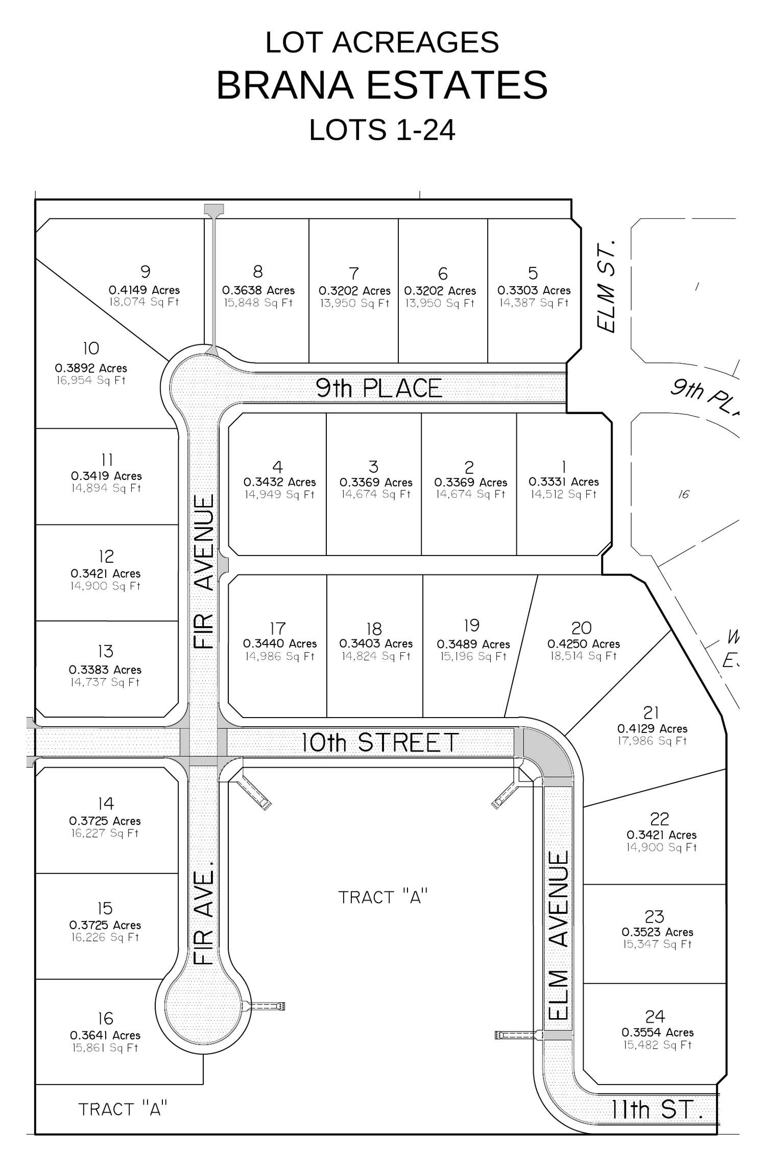Survey plat of Brana Estates showing lots 1 through 24 with acreage and square footage, Fir Avenue and Elm Street, Idalou, Texas